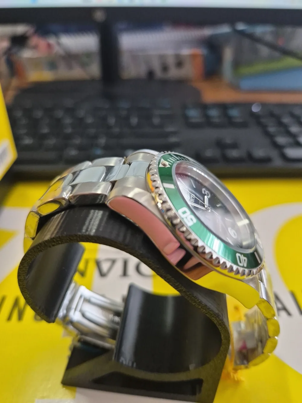 Invicta Men's Stainless Steel Watch with Green Bezel and Black Dial
